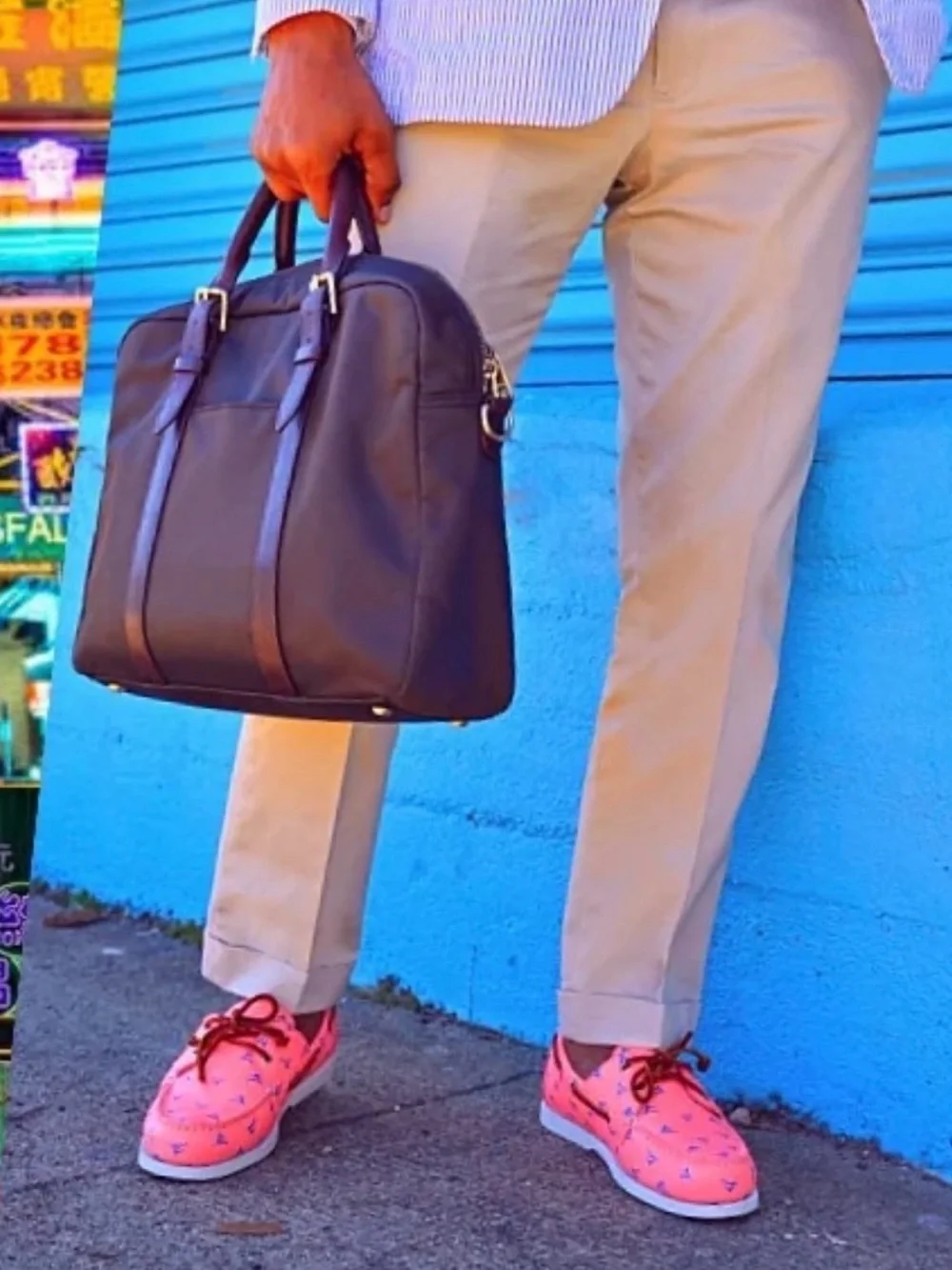 Froats coral with blue sailfish Printed Leather Boat Loafers with Brown Laces